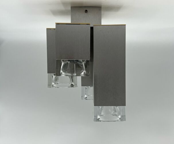 Plafonnier Sciolari cubique, design futuriste en métal et en verre