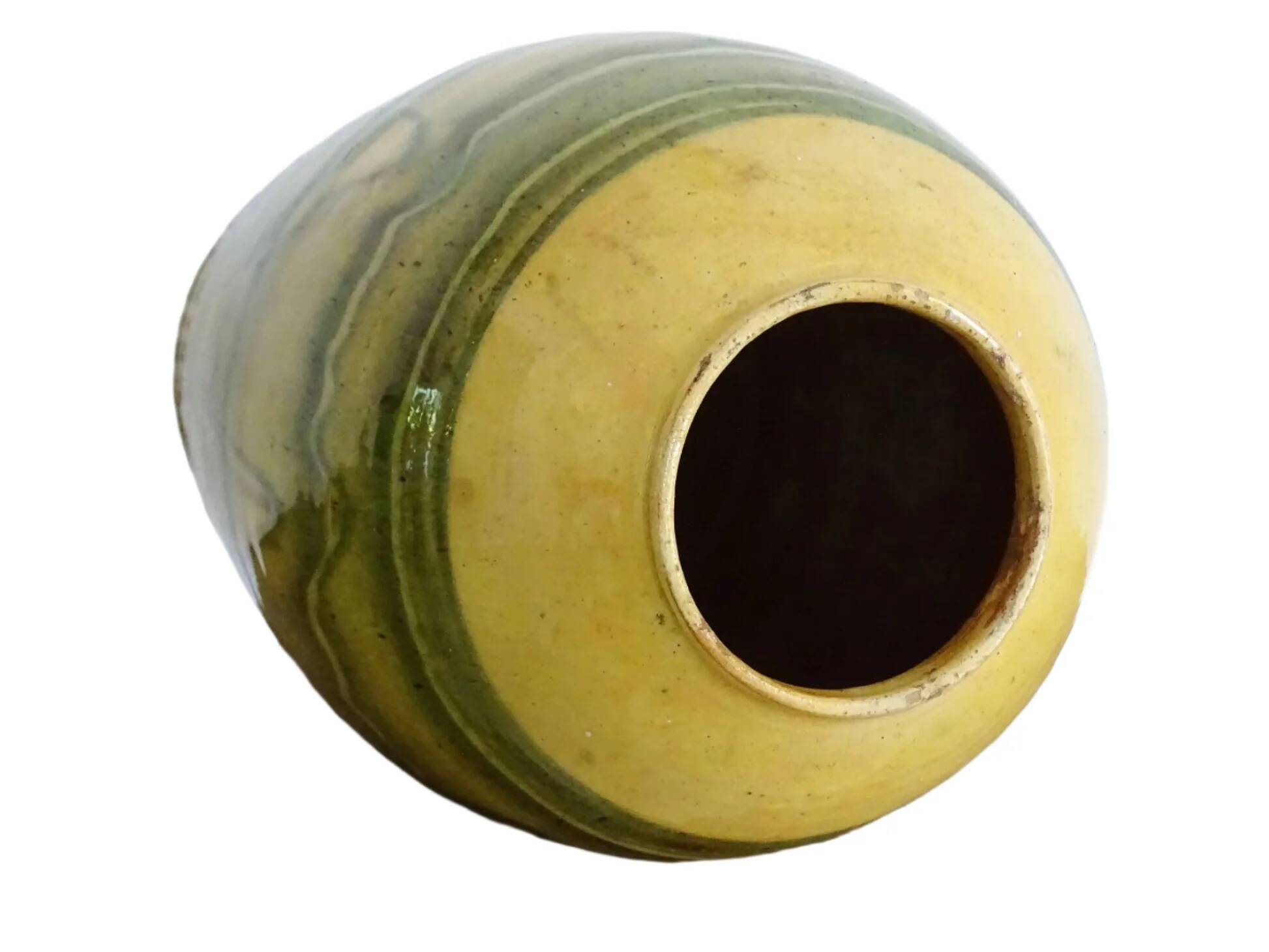 Vase ancien français en terre cuite à glaçure verte et jaune