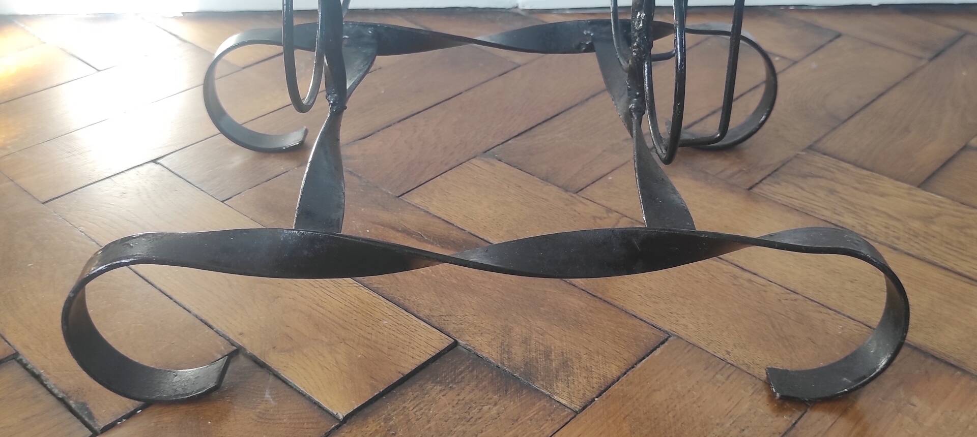 Side table, brutalist bottle holder in wrought iron and solid wood.