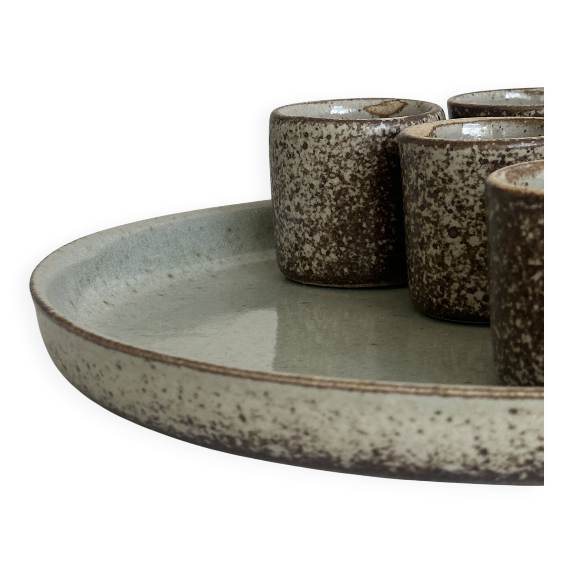 Handcrafted stoneware set of 6 liqueur glasses and matching plate