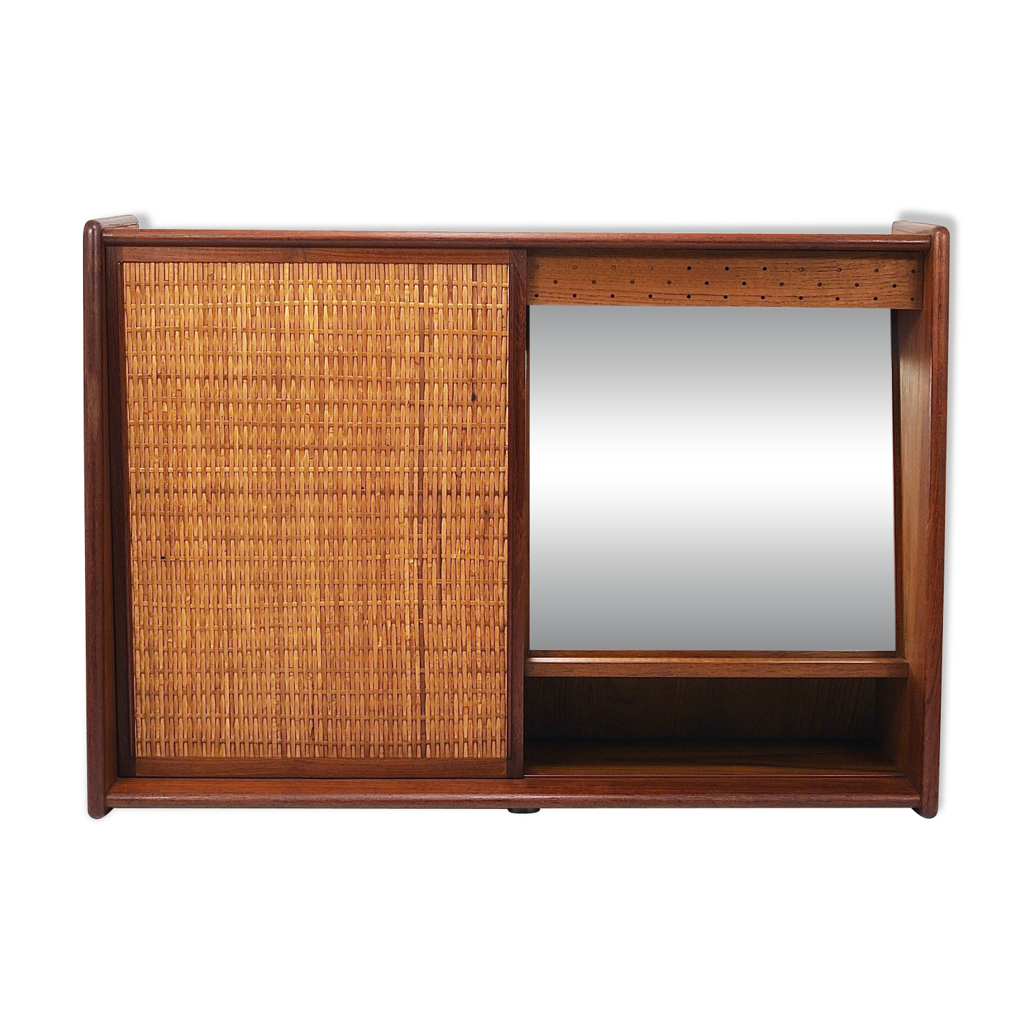 Arne Wahl Iversen Wall Mirror & Shelf Cabinet, Teak & Cane for Brenderup Denmark