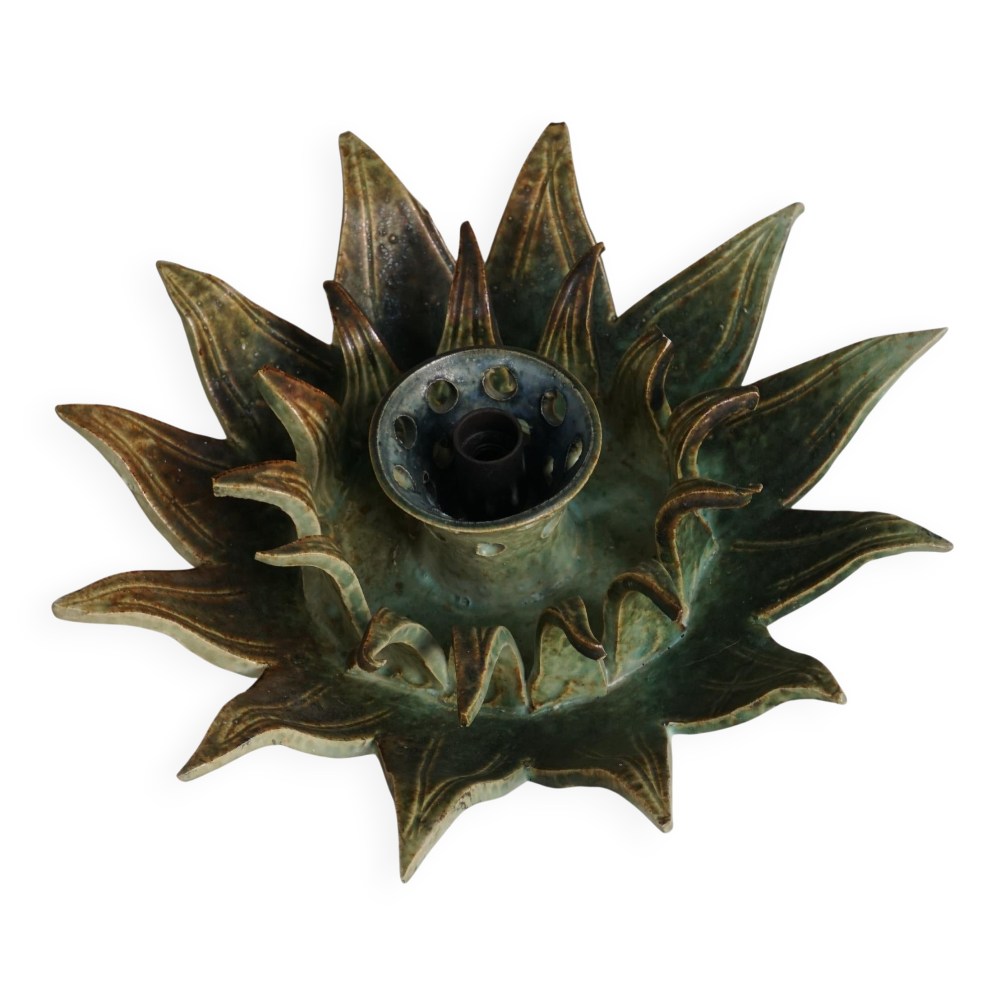 Wall lamp or decorative wall sculpture in ceramic in the shape of a sun, mid-20th century, 1960.