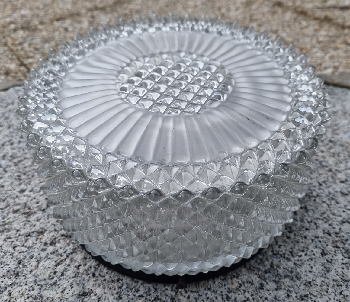 Round and high ceiling lamp, glass from the 50s, vintage.