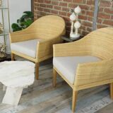 Pair of teak and rattan armchairs