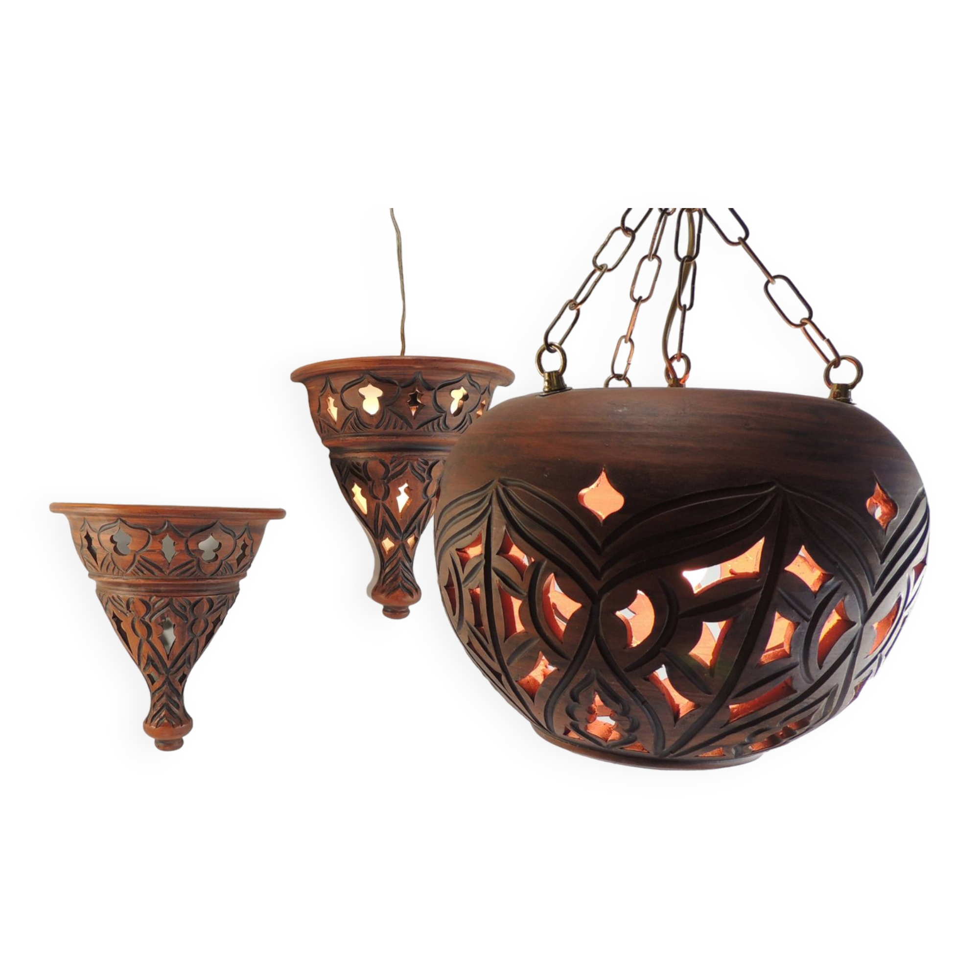 Suspension and pair of terracotta/vintage wall lights