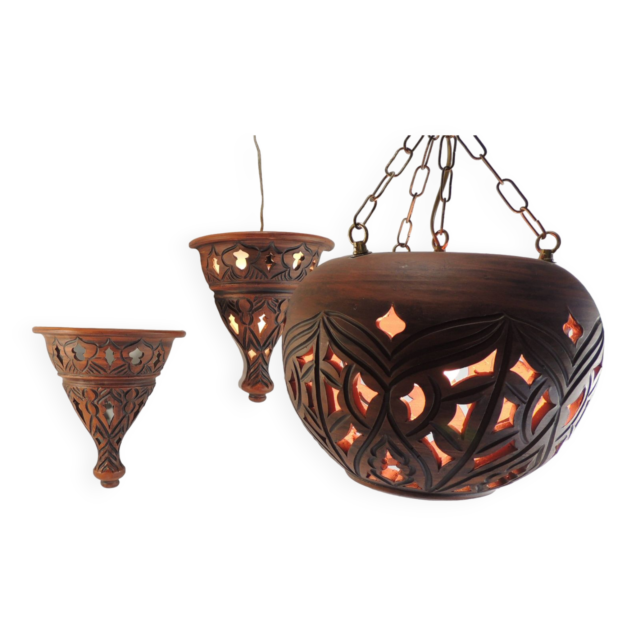 Suspension et paire d'appliques terre cuite /vintage