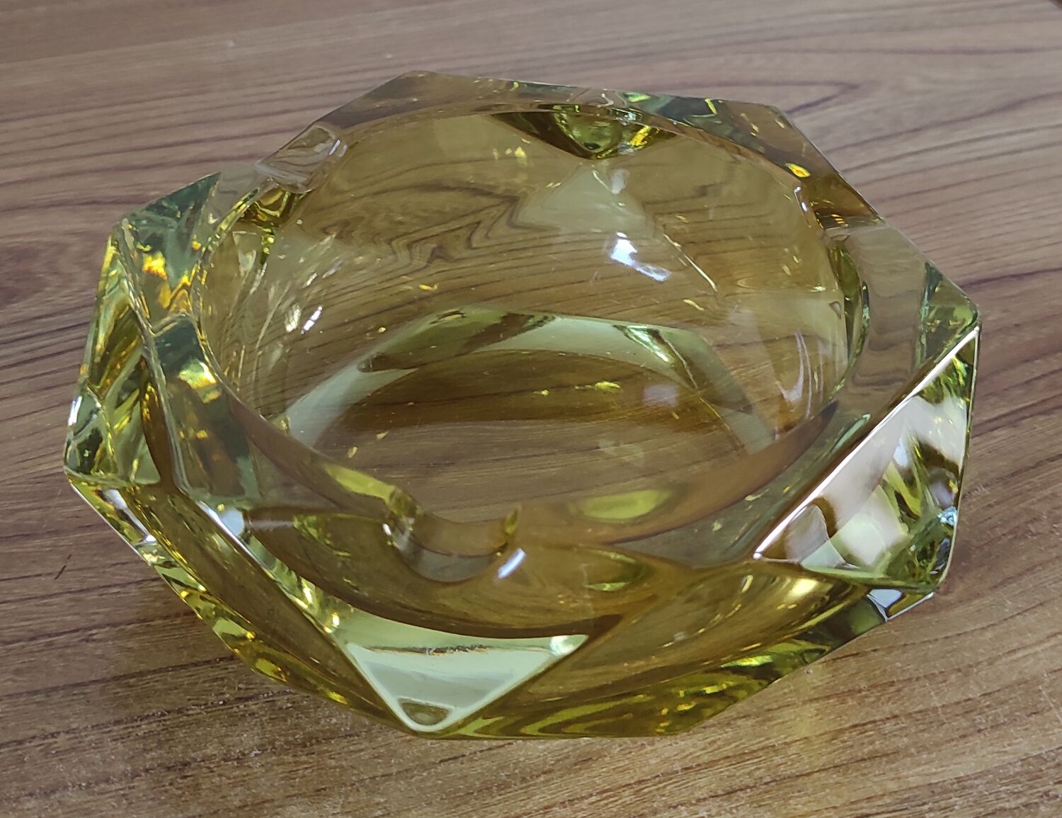 Vintage yellow faceted glass ashtray