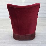 1970s, Danish armchair, cherry-red furniture velour, oak wood legs.
