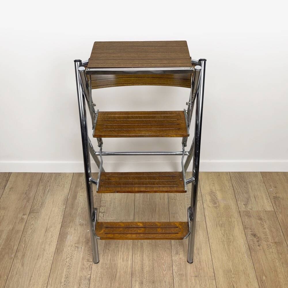 Metal wood and Formica office step stool chair from the 1950s