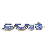 Service japonais en porcelaine lithophanie, décors floraux bleu et blanc