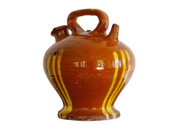 Cruche ou gargoulette ancienne en faïence française à glaçure rayée jaune