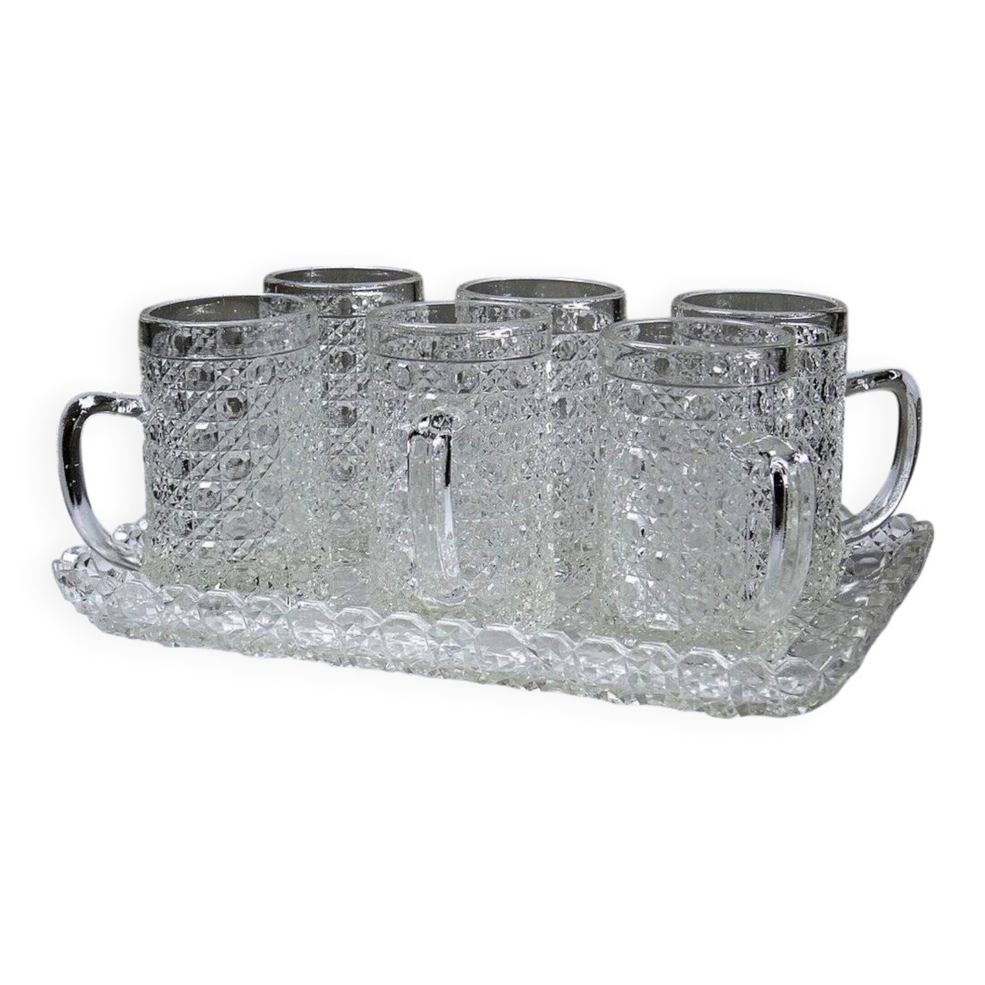 6 petites chopes et plateau vintages/anciennes en verre pressé style art déco