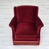 1960s, Danish armchair, cherry-red furniture velour, ash wood, original.