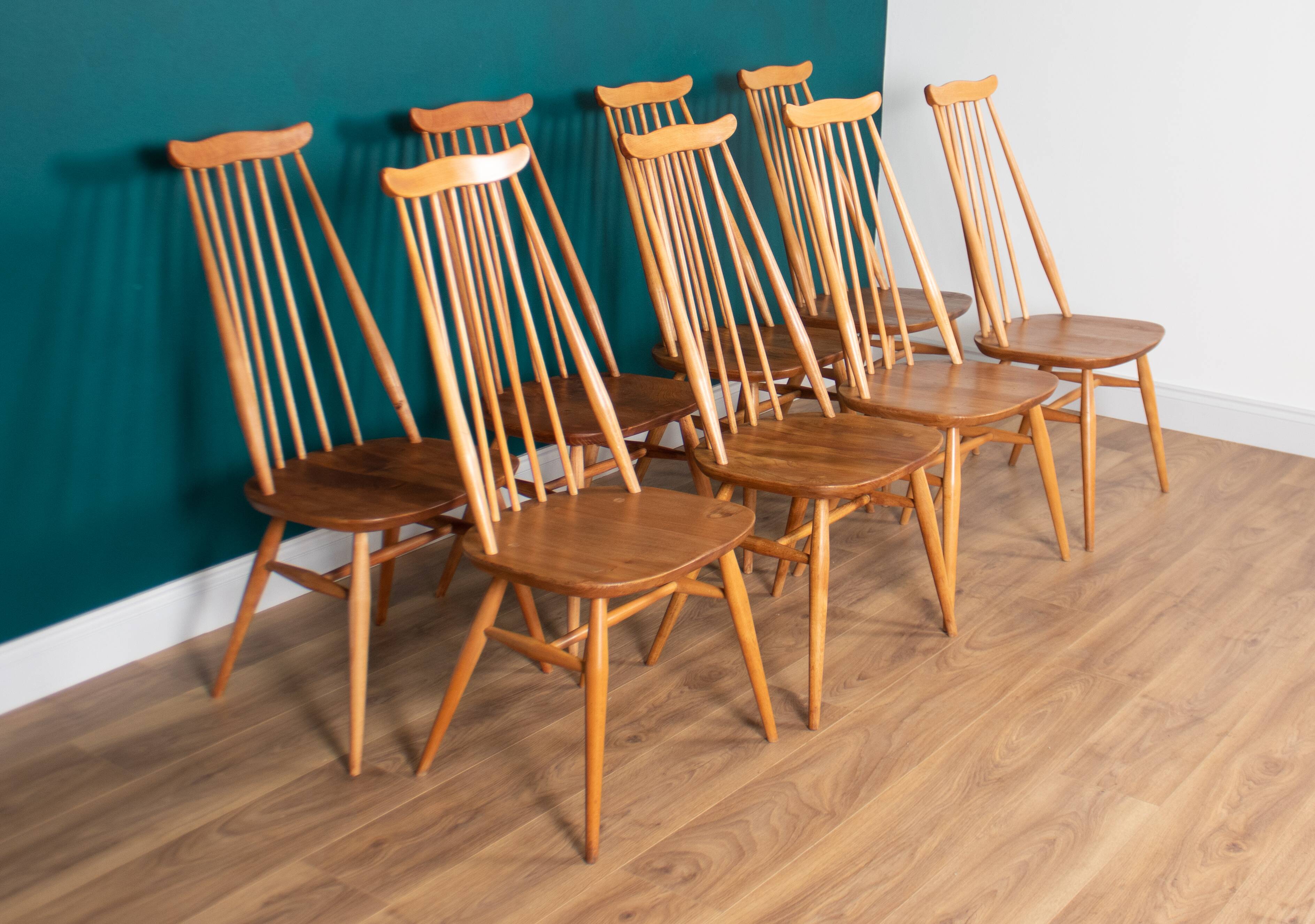 Table de salle à manger rétro en orme blond modèle 444, grande planche et 8 chaises de salle à manger d'orfèvre