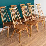 Retro Blonde Elm Model 444 Grand Plank Dining Table & 8 Goldsmith Dining Chairs