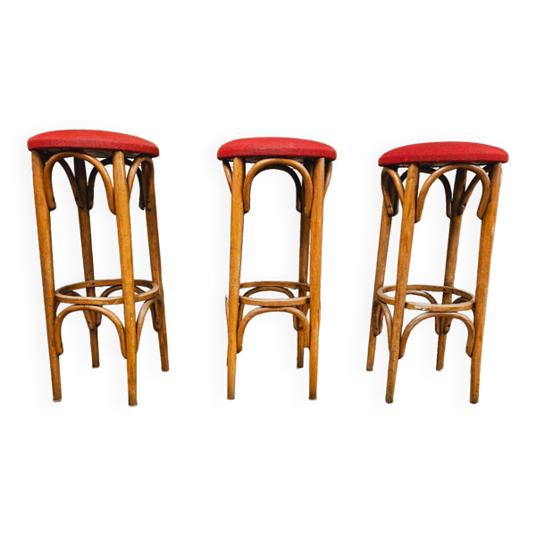 Set de 3 tabourets de bar en bois courbé 1960