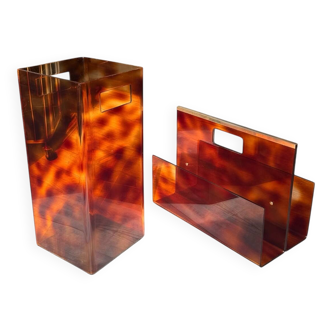 Duo Magazine Rack & Umbrella Stand "Tortoiseshell", Michel Dumas Style
