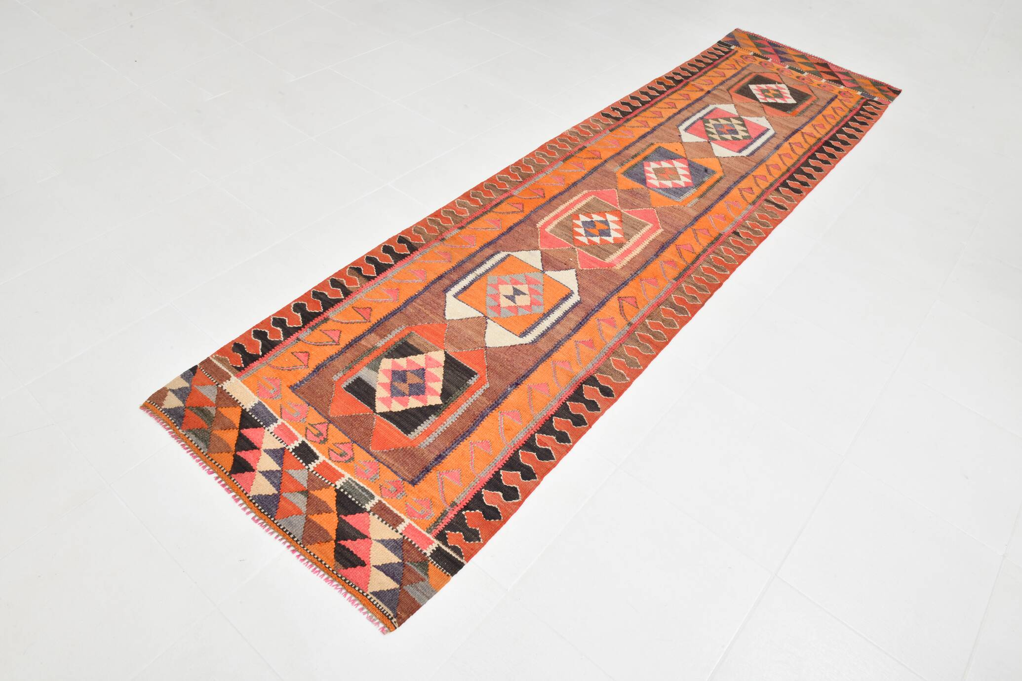 3x11 Orange & Brown Kilim Runner Rug, 88x330Cm