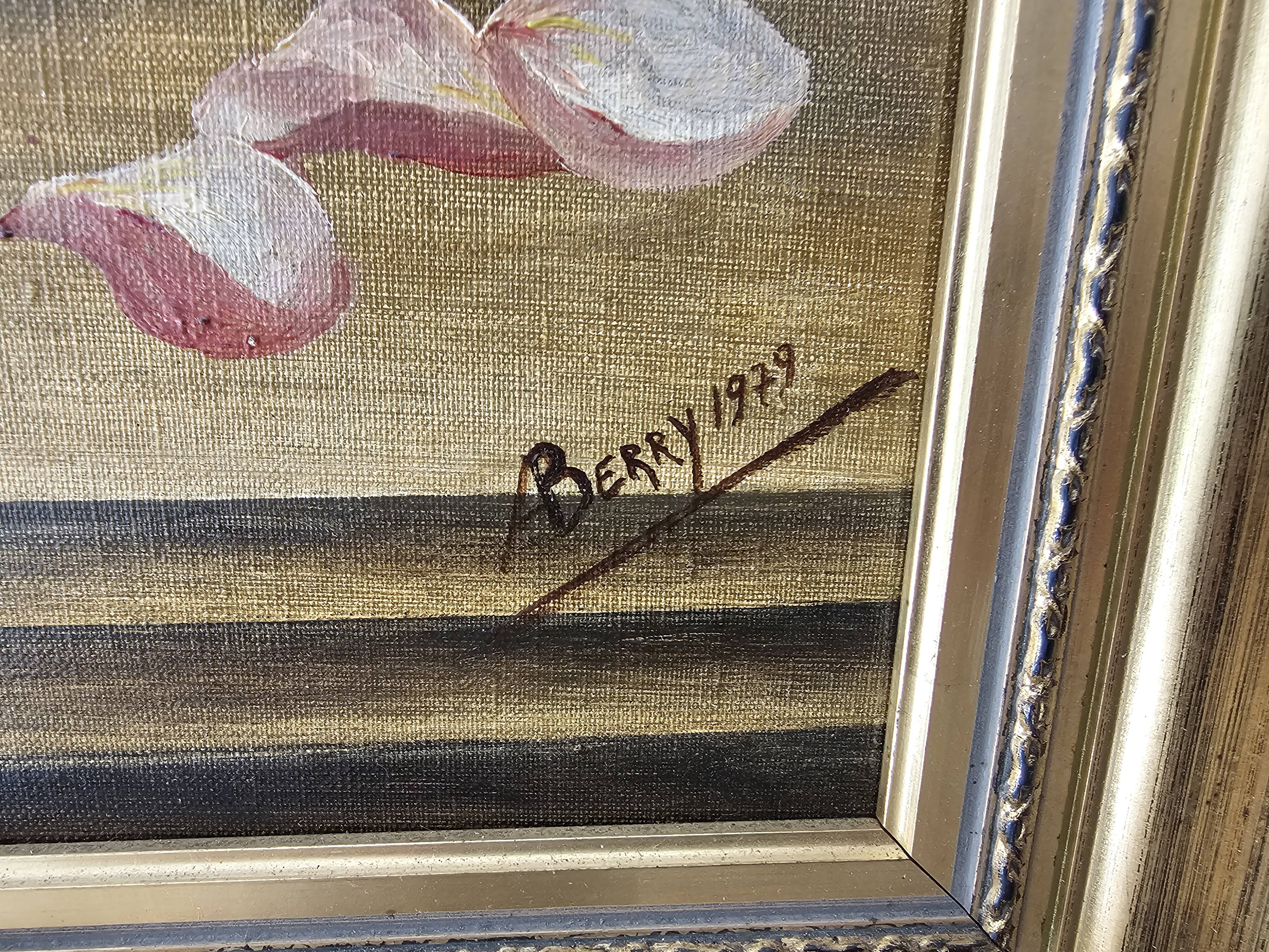 Oil on Canvas Table Old Bouquet with Glasses Case Signed Andrée Be