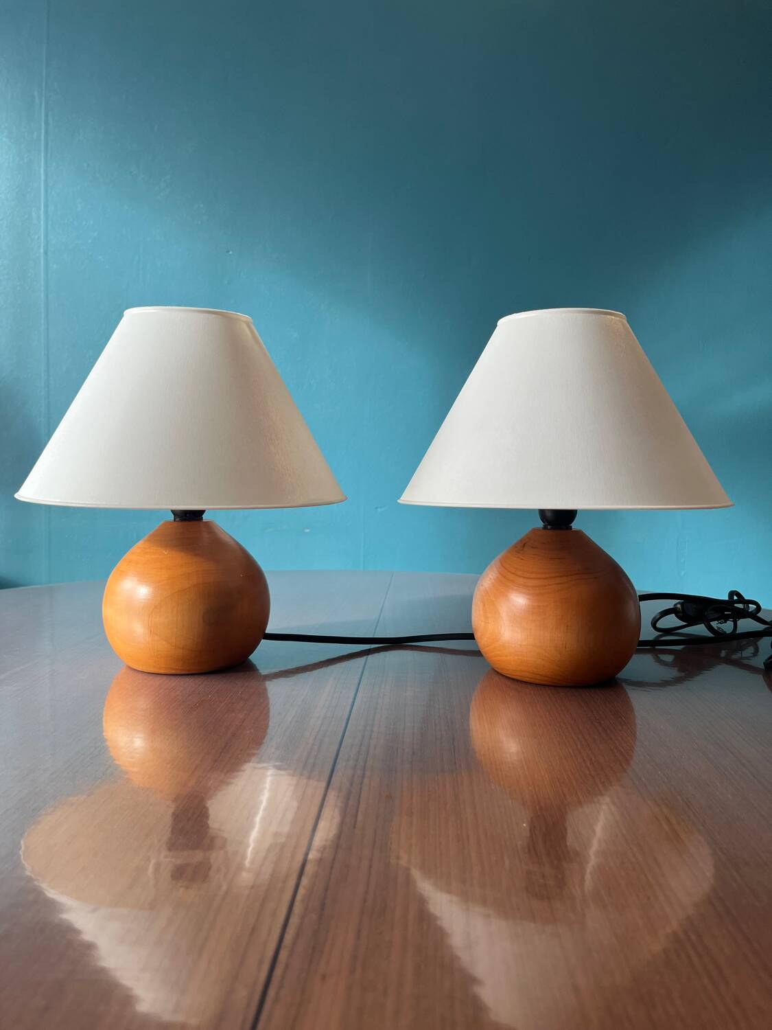 Pair of solid wood ball lamps