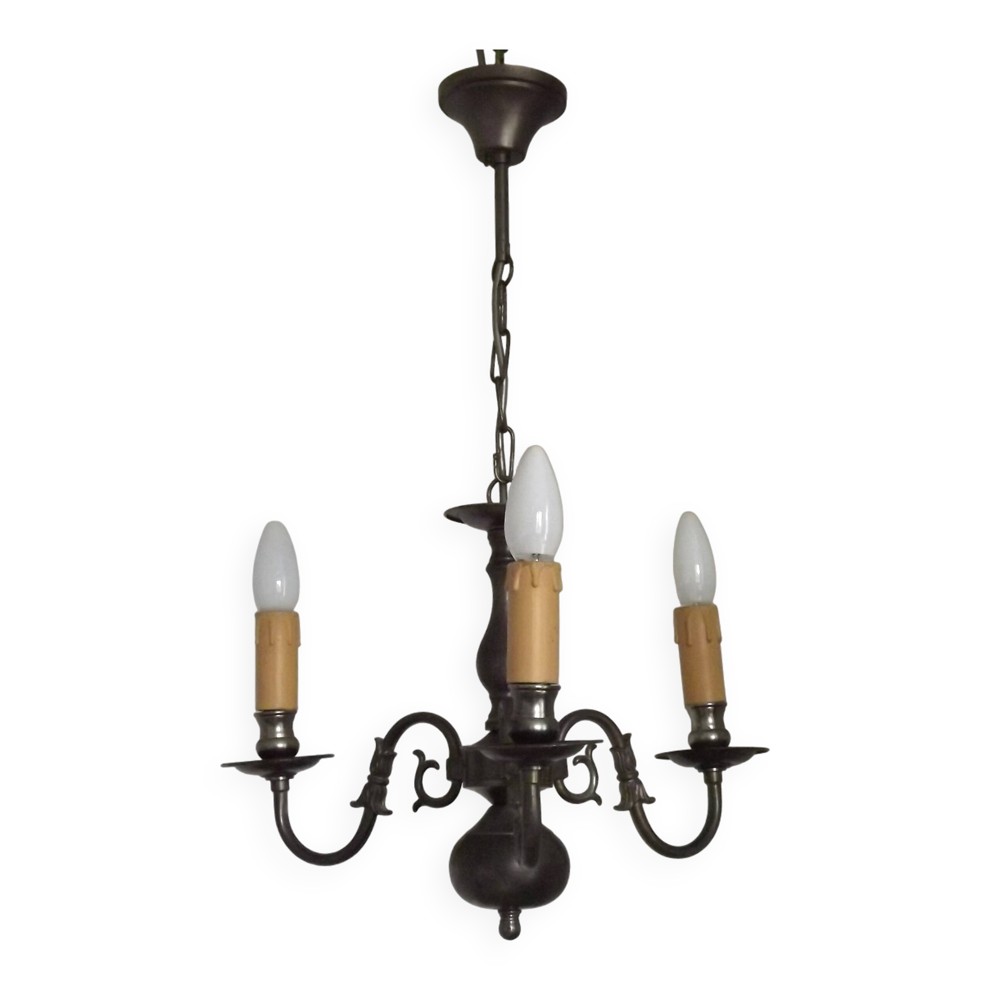Italian Vintage Silver Brushed Metal 3 Light Flemish Style Chandelier