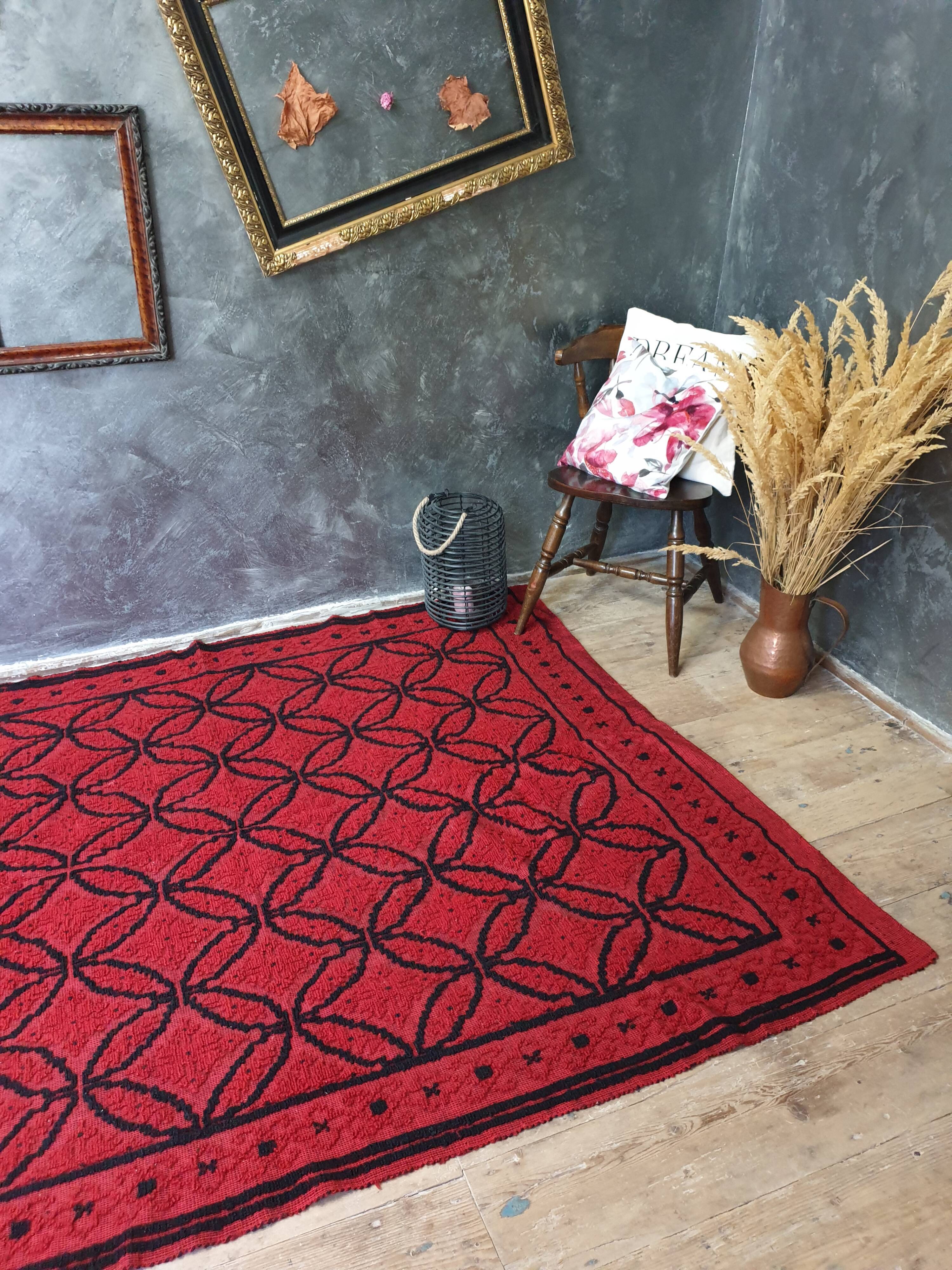 Romanian wool handwoven rug in red and black 210x163cm
