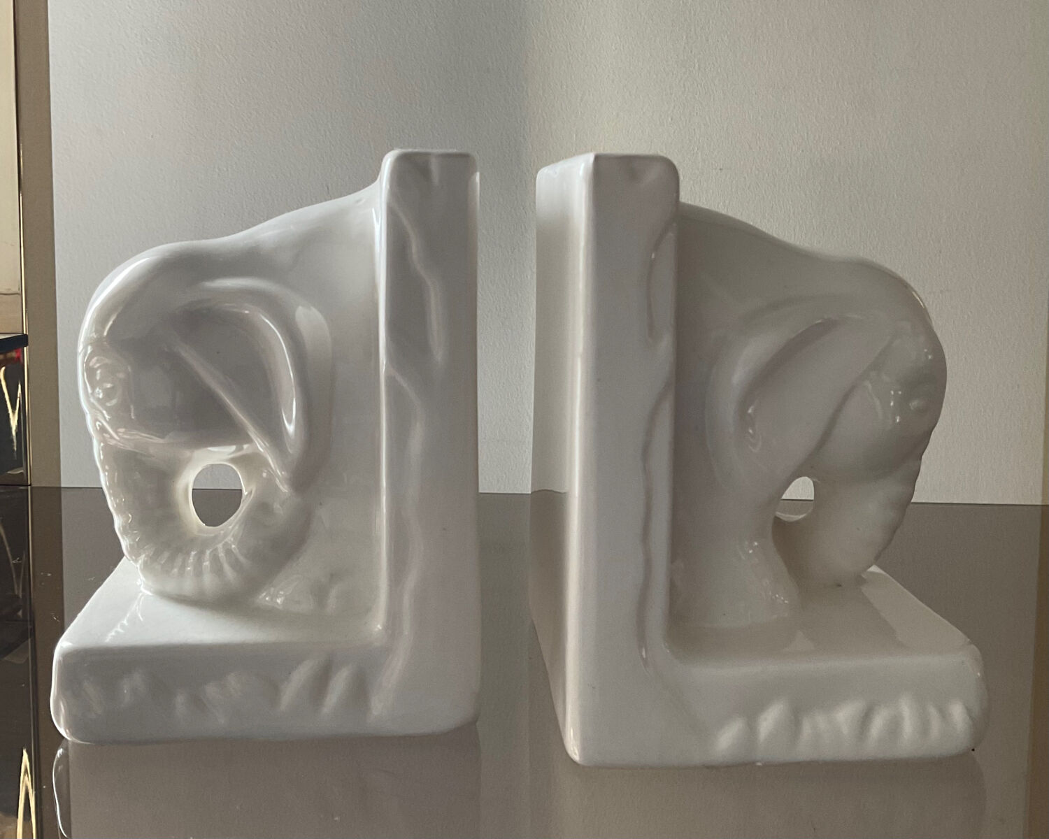 Pair of vintage enamelled ceramic elephant bookends