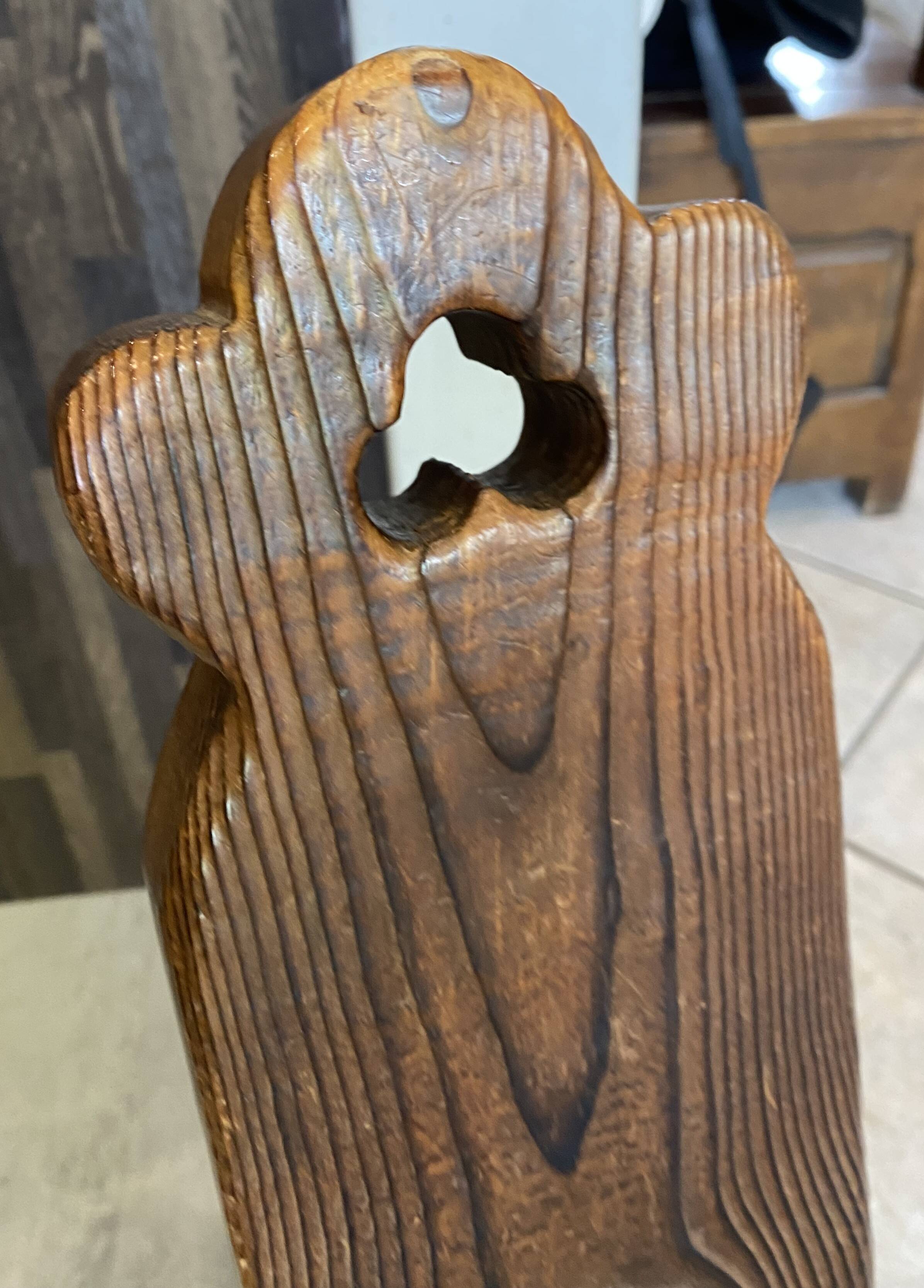 Brutalist tripod chair n1, carved solid wood, antique.