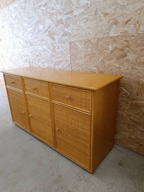 Enfilade buffet en osier rotin bois vintage