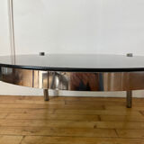 Table basse ronde métal chromé et verre années 70