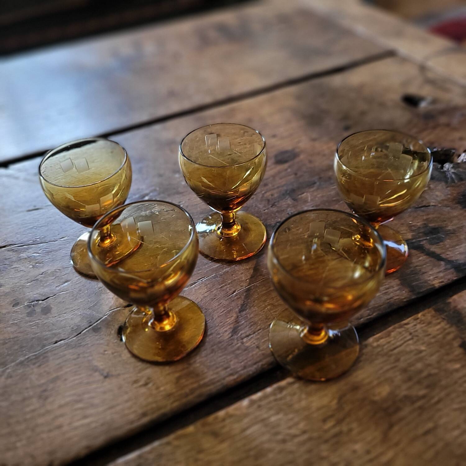 5 amber stemmed glasses – 1960s