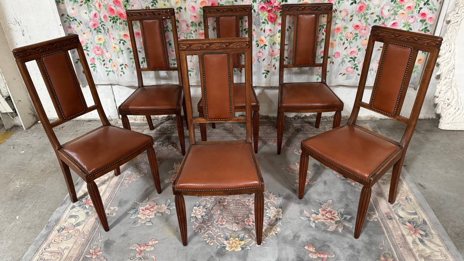 6 Art Deco walnut and leather chairs