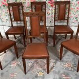 6 Art Deco walnut and leather chairs