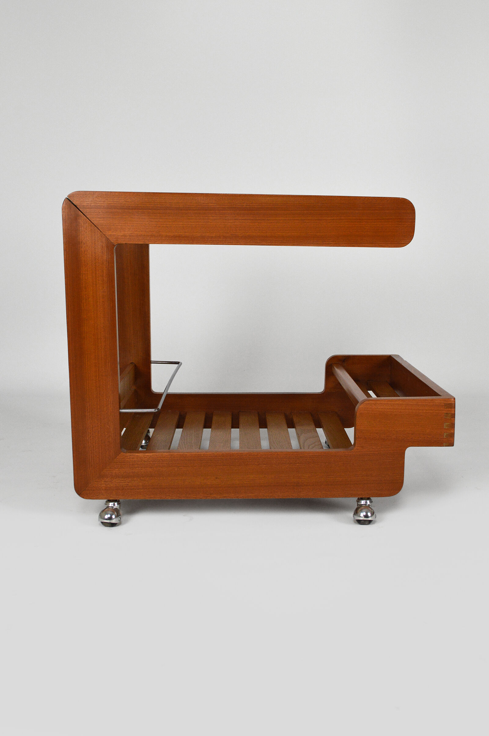 Scandinavian teak serving table with mirror tray, 70s