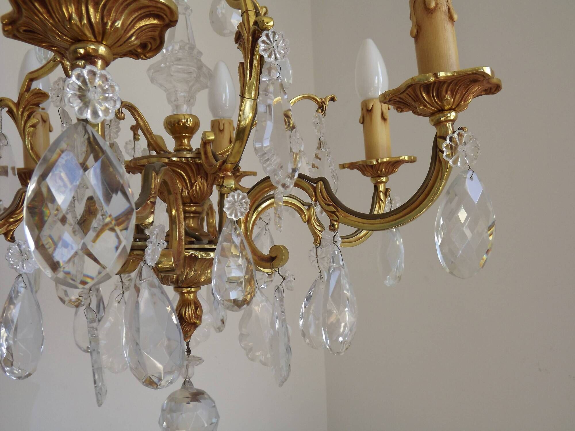 Mid Century Louis XV style cage chandelier - 6 arms - Brass and Crystal