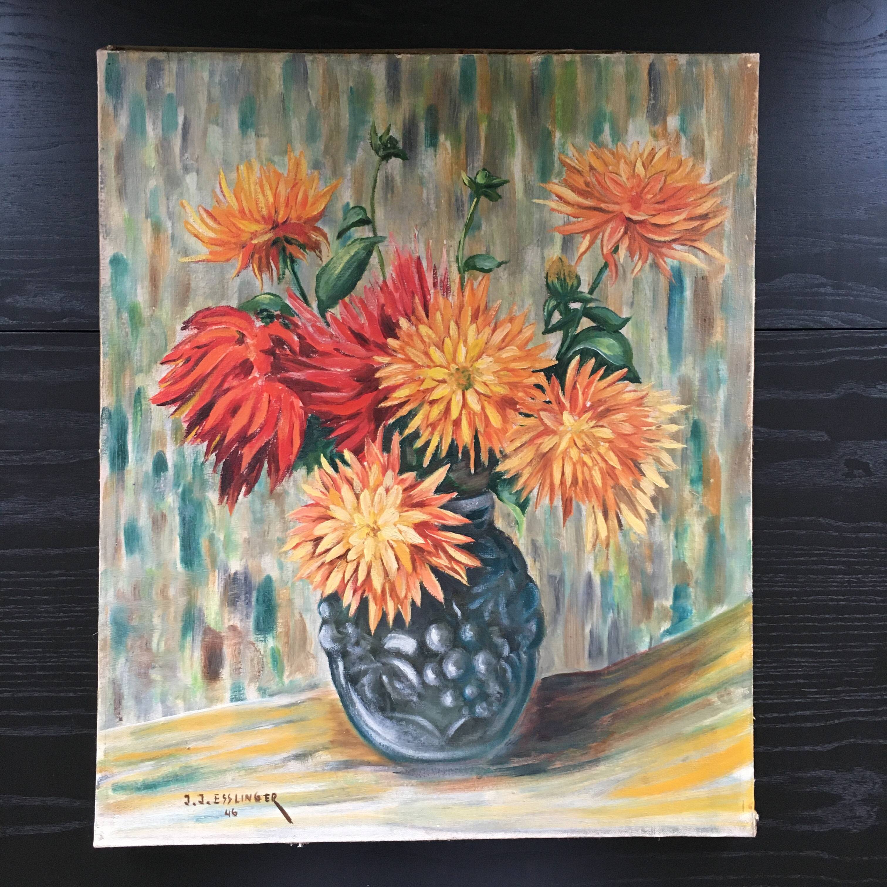 Old painting bouquet of dahlias