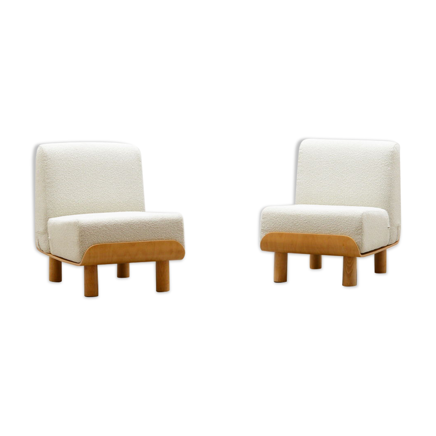 Set of 2 bent plywood and bouclé chairs 70s.
