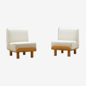 Set of 2 bent plywood and bouclé chairs 70s.