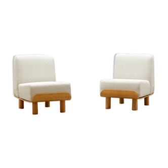 Set of 2 bent plywood and bouclé chairs 70s.