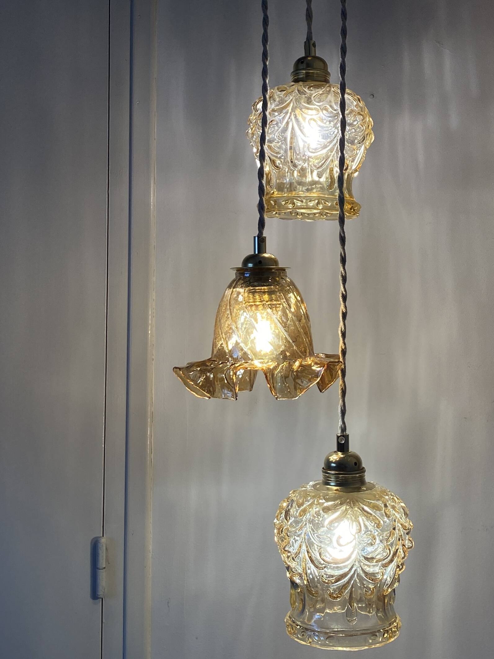 Vintage triple globe waterfall pendant light in amber glass