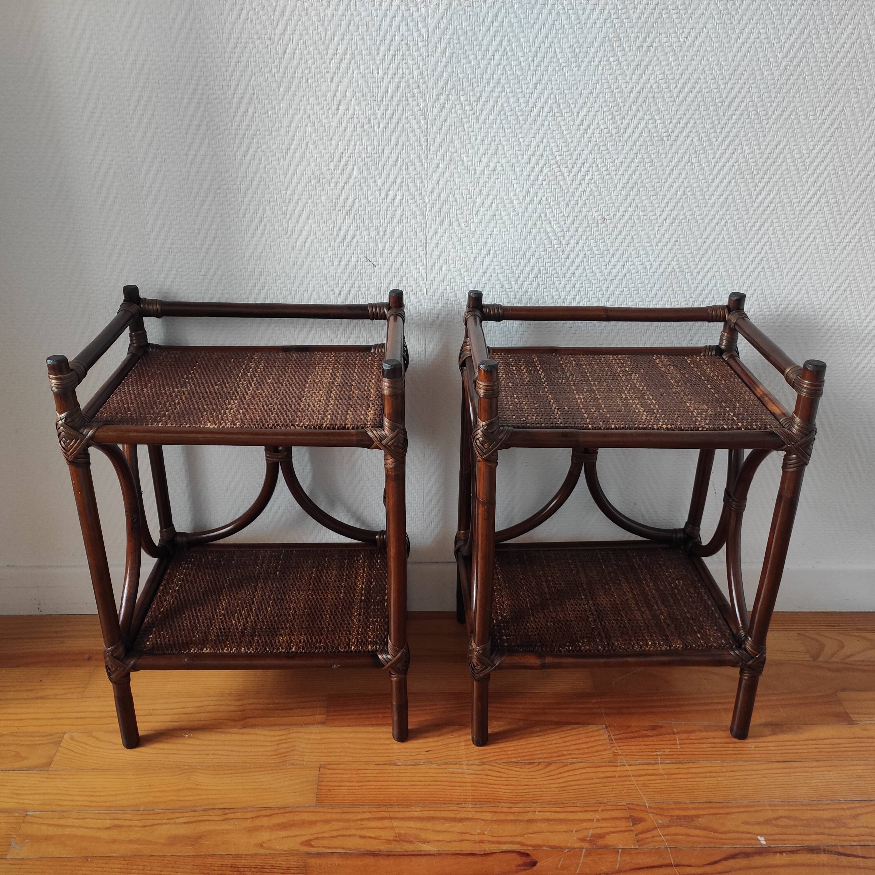 Pair of 1970s rattan bedside tables, side tables.