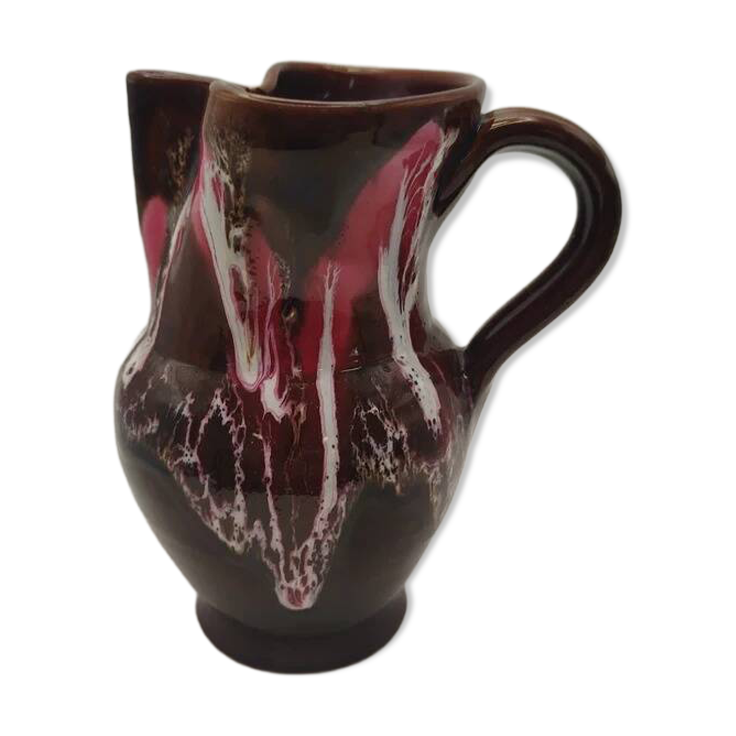 Pichet Vallauris vintage glazed ceramic with red drip design from the 1960s.