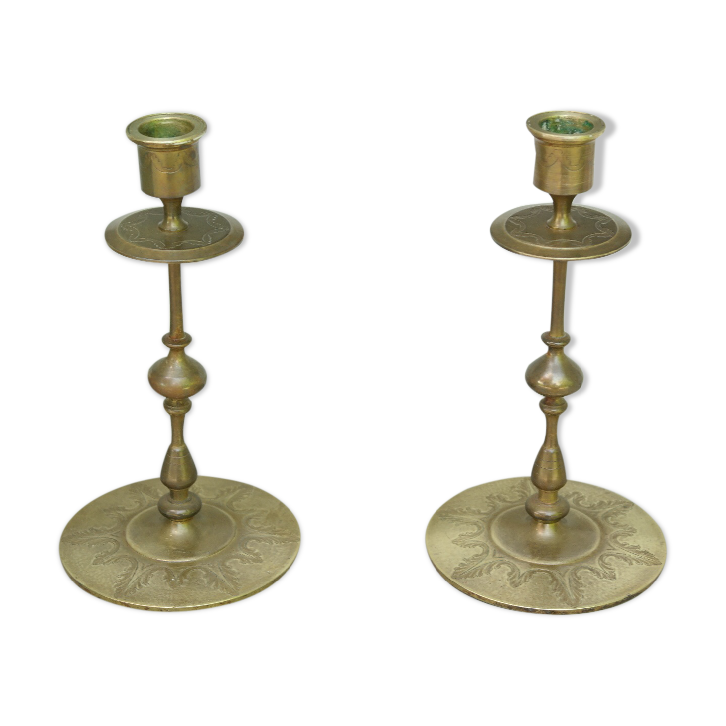 Pair of vintage engraved brass candle holders