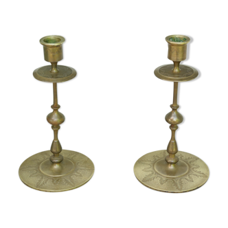 Pair of vintage engraved brass candle holders