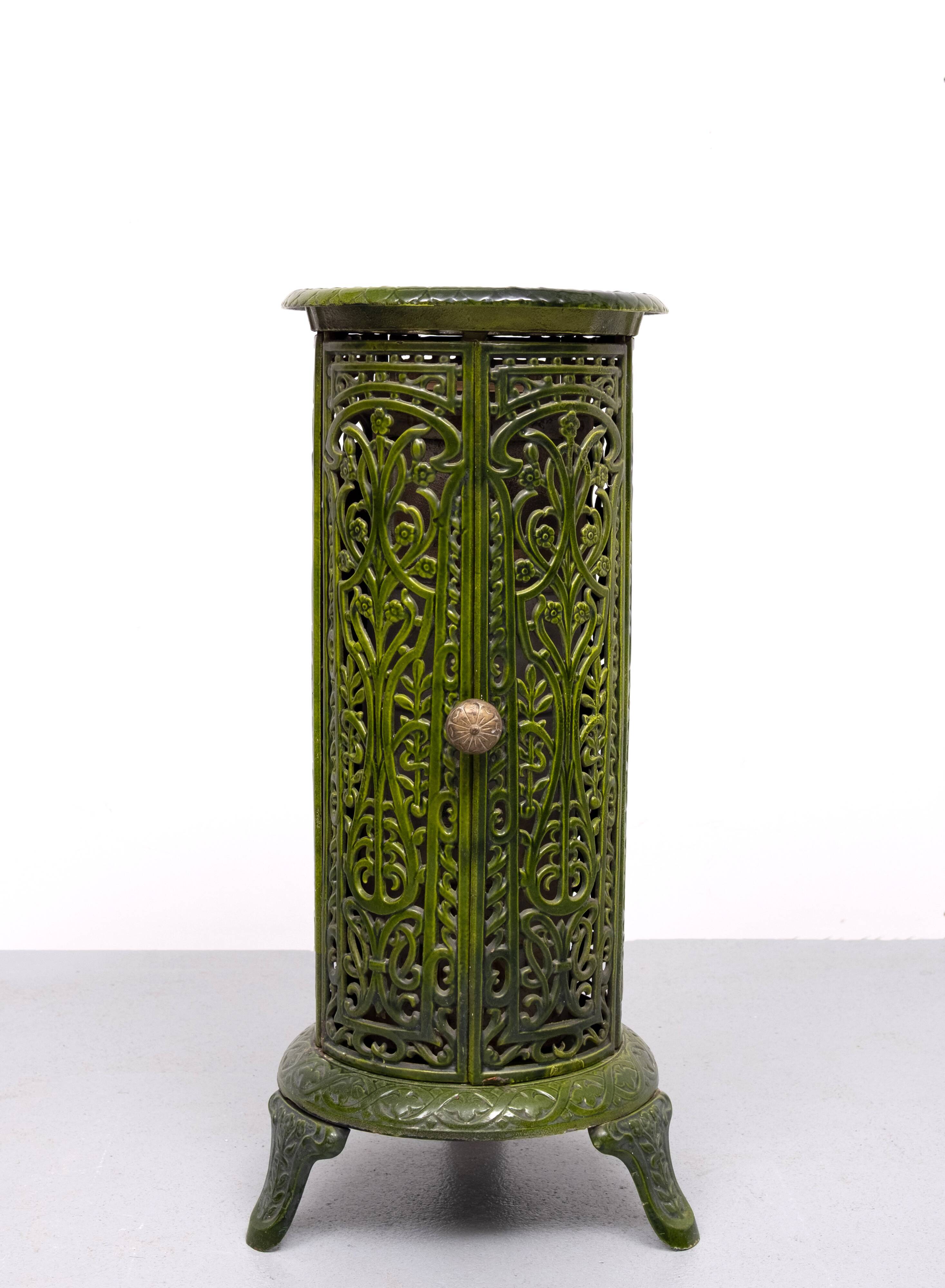 19th Century French Green Enameled Cast Iron Heater Stove