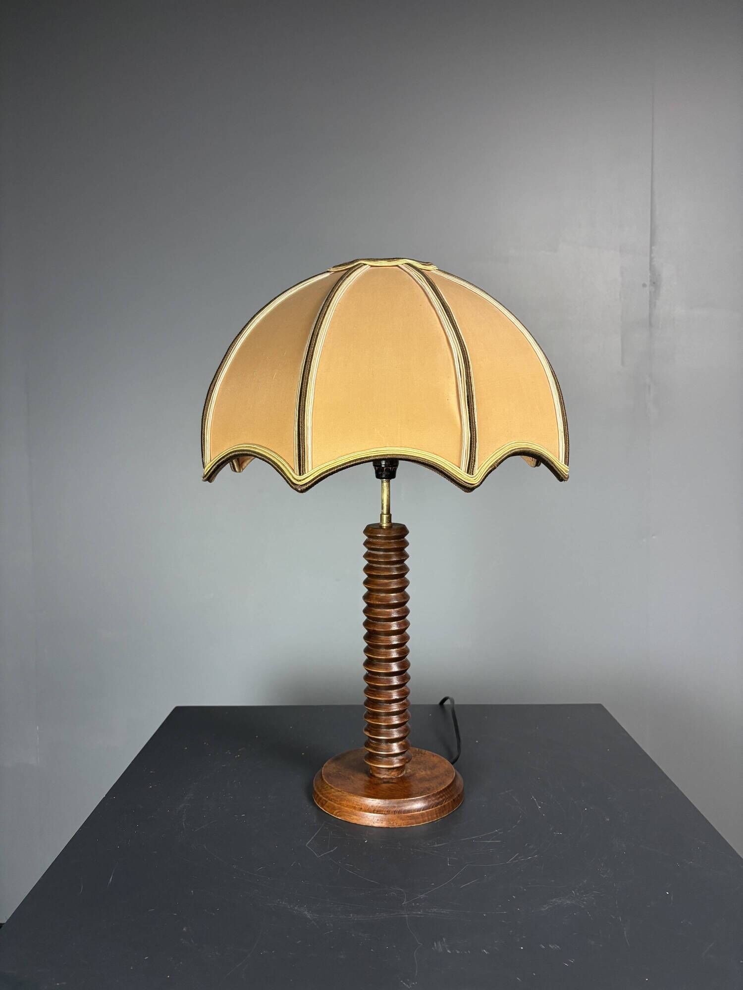 Midcentury brutalist wood turned mushroom table lamp, Charles Dudouyt style