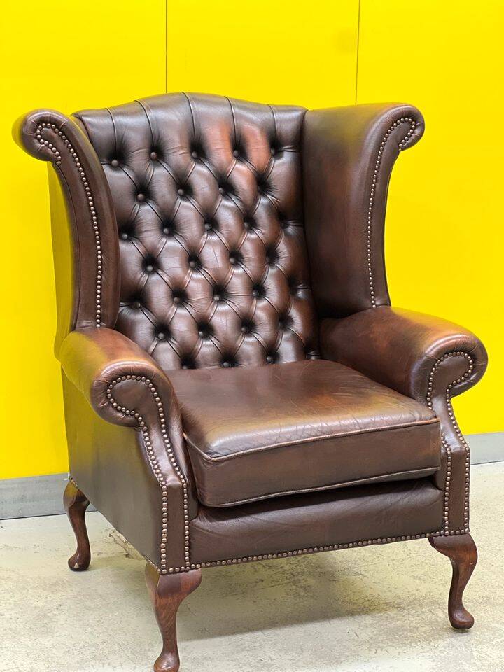 Vintage Brown leather chesterfield wingback armchair