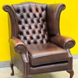 Vintage Brown leather chesterfield wingback armchair