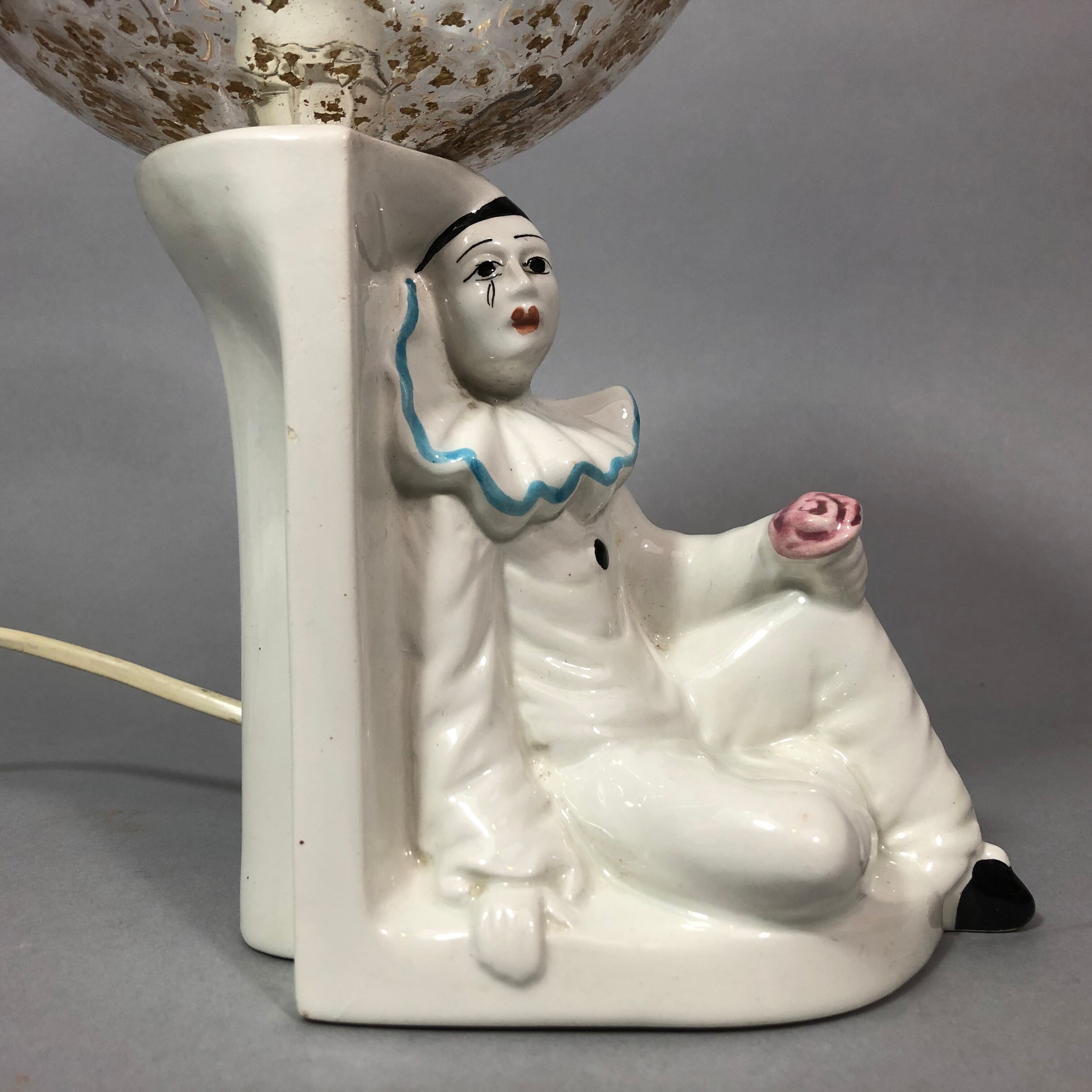 Vintage Pierrot bedside lamp from the 70s, porcelain, inlaid glass globe