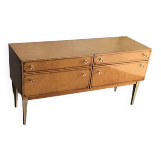 Blonde wood and brass vintage enfilade, Mid-Century buffet from the 1960s, Czech design.